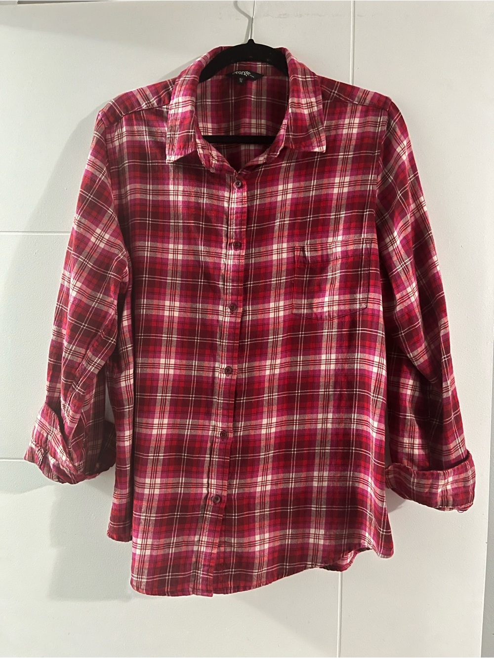 George Pink, Red, and White Plaid Button-Up Shirt